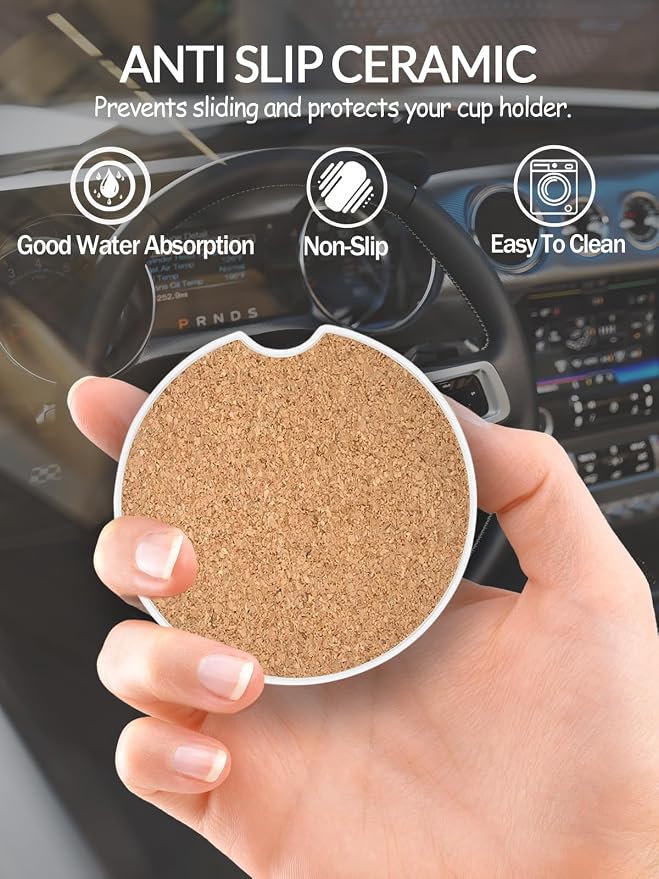 WOCOCN Car Coasters,Cup Holder Coasters for Car,2.75inch Anti Slip and Absorbent,Cute Automotive Interior Accessories for Cup Holder,Pack of 2 (Brown)