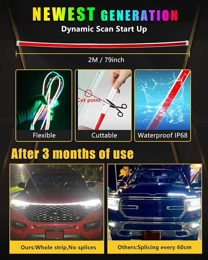 RGB Hood Light Strip with Sequential Turn Signal Indicator Function Waterproof Multicolor Dynamic Scan Start Up Hoodbeam Kit for Cars, Truck, SUV, with APP Control, 12V 79inch/2M (1Set)