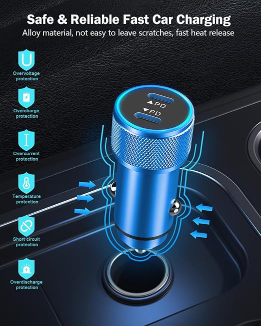 iPhone Car Charger Fast Charging,iPhone 16 Car Charger 2PACK Dual USB C PD3.0 Port CarCharging Adapter and USB C to C Braided Nylon Charging Cable Compatible with iPhone 16/16 Pro Max/15/iPad(Blue)