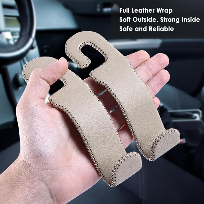 AMVOYOA Leather Car Hooks for Headrest - Fully Leather-Wrapped U-Shaped Purse Holder for Car, Flexible Seat Back Organizer & Durable Car Accessories for Purses, Bags, Coats & More (Beige, 2 Pack)