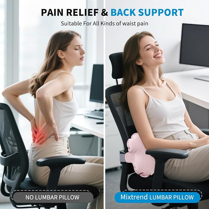 Mixtrend Travel Lumbar Pillow – Inflatable Memory Foam Back Support Cushion for Airplane, Car, Office Chair, Long Flight – Ergonomic Pain Relief for Women, Men & Kids(Blush Pink)