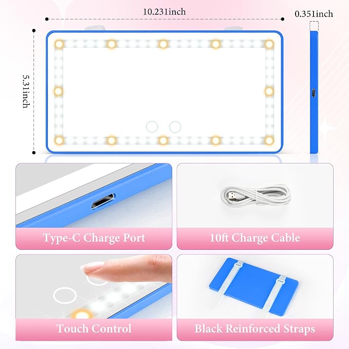 SINGARO 2PCS Car Sun Visor Vanity Mirror - Rechargeable Makeup Mirror with 60 LEDs, 3 Light Modes & Dimmable Touch Control for Cars, Trucks, SUVs, Car Interior Accessories for Women (Blue)