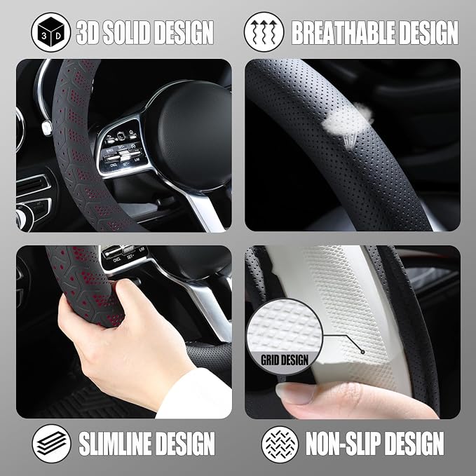 3D Slim Soft 15 inch Leather Steering Wheel Cover Black with Red | Breathable Anti-Slip Premium Skin-Feel Perforated Thin Nappa Leather, Universal 14.5 inch to 15 inch