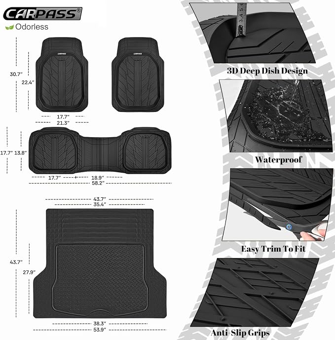 CAR PASS Deep Dish Floor Mats for Cars, Heavy Duty Rubber Floor Mats with Trunk Cargo Liner, Universal Trim-to Fit Automotive Floor mats for Truck Van SUV Waterproof All Weather Car Mats Solid Black