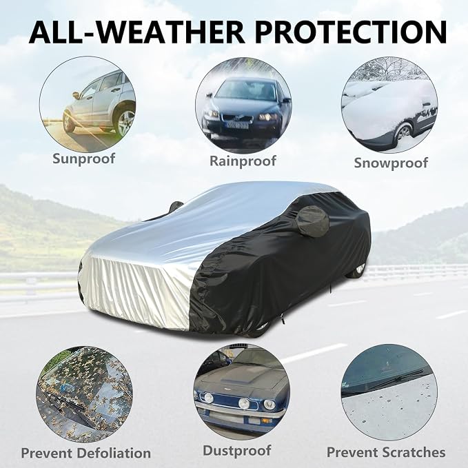 Coverado Car Cover Waterproof All Weather, 210D Lightweight Full Exterior Covers Snow Wind Sun UV Protection, Outdoor Car Covers for Automobiles Universal Fit for Sedan (170"-190")