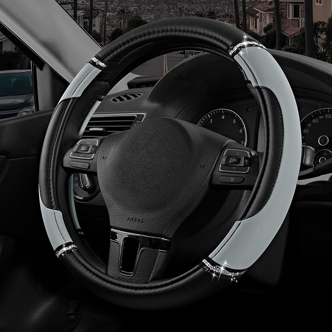 Road Comforts Leather Steering Wheel Cover - Made with PVC Leather - Anti-Slip, Universal Fit 14 1/2 inches to 15 inches - Gray