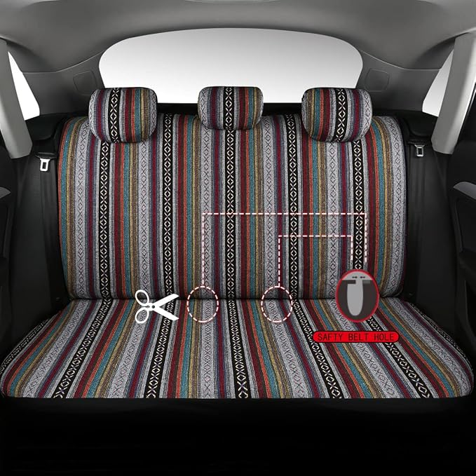 Baja Saddle Blanket Car Seat Covers 7PCS Full Set, Breathable and Washable Striped Woven Automotive Vehicle Seat Cover, Universal Seat Cover for Sedan, SUV, Airbag Compatible