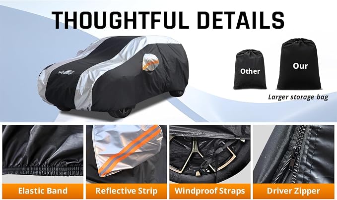 Compact SUV Covers for Waterproof Protection with Silver Stripe Design,SUV Car Covers for Automobiles Universal Fit Audi Q3 Q4, BMW X1, Subaru Crosstrek, Jeep Compass, Kia Sportage, Ford Escape
