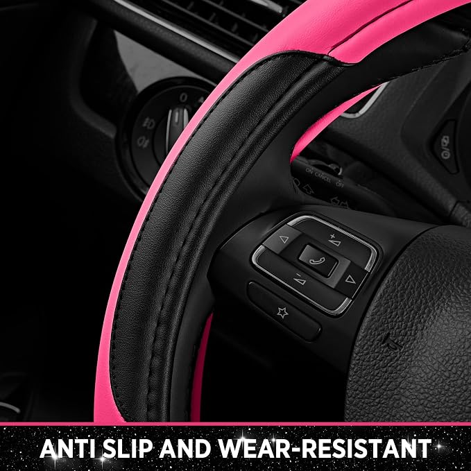Road Comforts Leather Steering Wheel Cover - Made with PVC Leather - Anti-Slip, Universal Fit 14 1/2 inches to 15 inches - Hot Pink