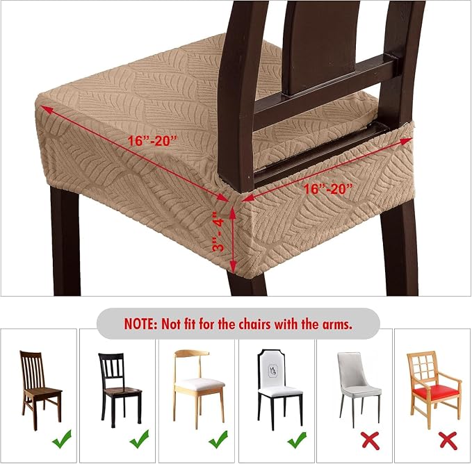 Removable and Washable Seat Covers for Dining Room Chairs Set of 6 - Waterproof Stretch Chair Seat Slipcovers, No Back Covers