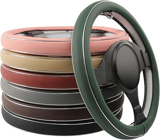 ALEMODR Claret Leather Steering Wheel Cover Fiber Strip Car Steering Wheel Cover Universal 15 inch for Women Girls