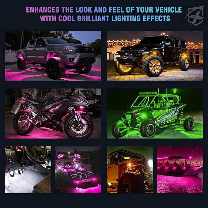 Xprite Colorful LED Rock Lights Kit with Bluetooth & Wireless Remote Controller, Multicolor Cars Underglow, Wheel, Footwell Neon Light Kits, for Off-Road UTV ATV Trucks SUV Motorcycle Boats - 4 Pods