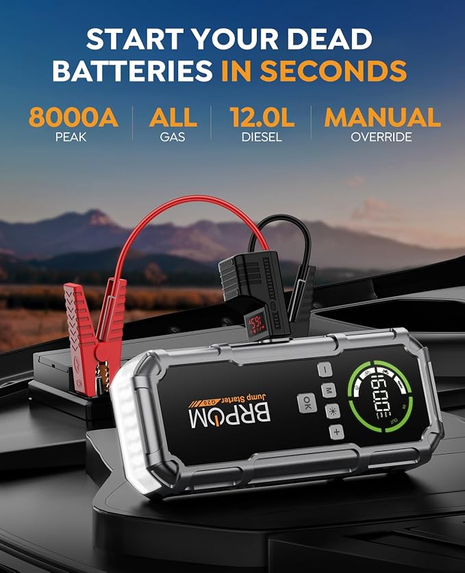Jump Starter with Air Compressor, BRPOM 8000A Portable Car Jump Starter (All Petrol/12L Diesel), 160PSI 12V Battery Jump Starter Power Pack with Jump Clamps, LCD Screen, 600 Lumens Emergency Light