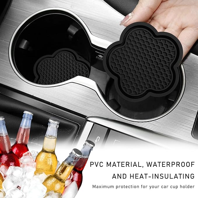 DXNQ 2 PCS Car Cup Coasters, Cute Flower Shaped Car Cup Holder Mat, PVC Waterproof Anti Slip Vehicle Cup Holder Insert Coaster, Universal Car Interior Decor Accessories (Black)