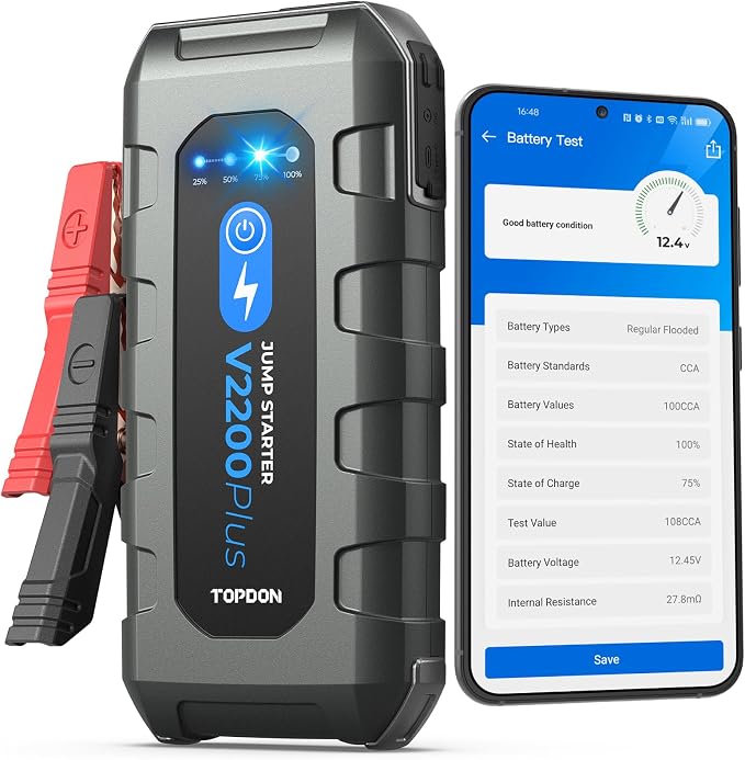 Car Battery Jump Starter and Battery Tester TOPDON 2-in-1 2200A Peak Jump Starter for Up to 8L Gas/6L Diesel Engines 12V Portable Booster and Tester