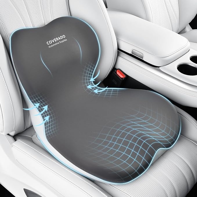 Coverado Car Seat Cushion and Lumbar Support Pillow One Piece, Memory Foam Ergonomic Back Support Driving Seat Cushion for Back Pain, Non-Slip Washable Cushion for Car, Driver, Office