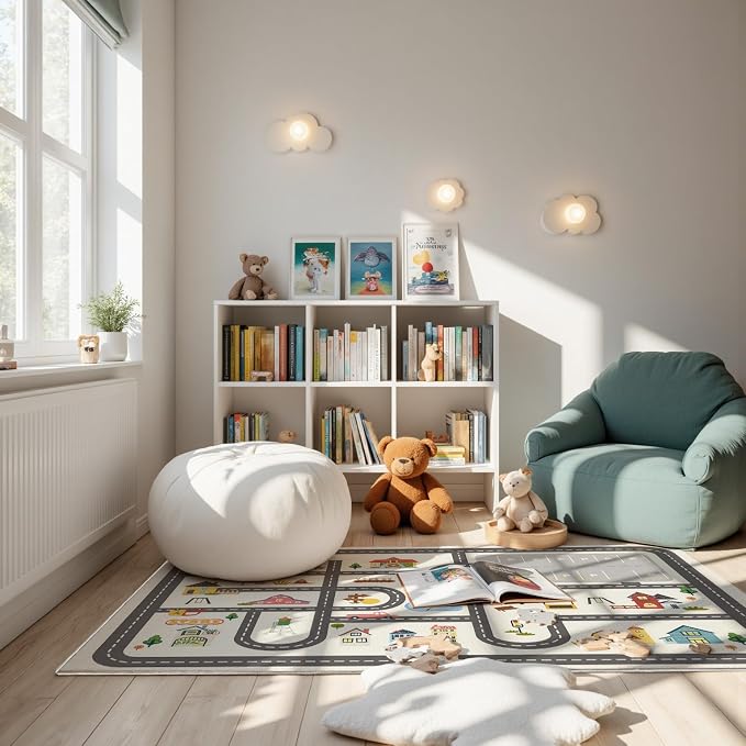 Nayoroom Kids Town Road Playroom Rug, Faux Wool Car Map, Non-Slip, 4 x 6 ft | Interactive town road map; Community scenes; Soft faux wool surface; Non-slip backing; Easy-care room accent
