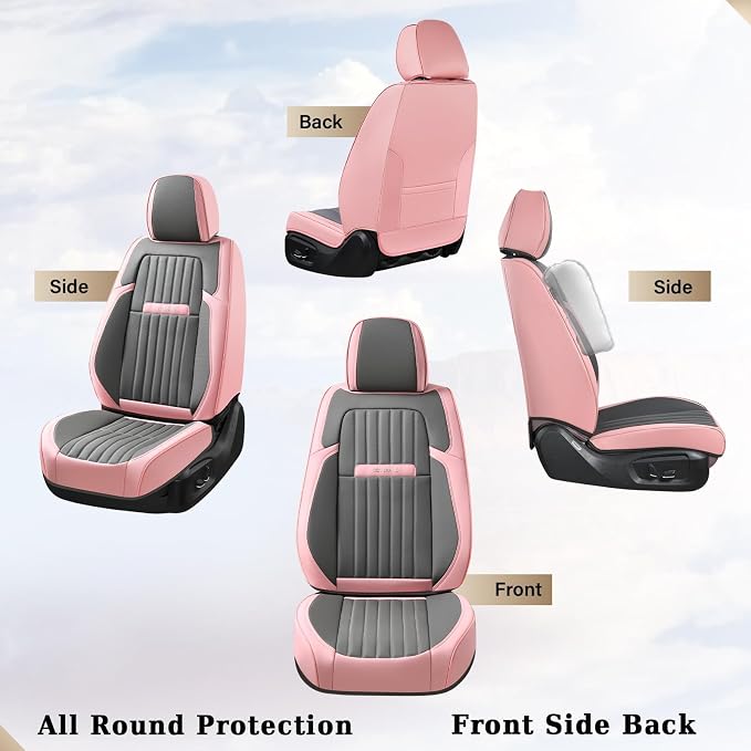 Coverado Car Seat Covers Full Set, Nappa Leather Seat Covers for Cars, Waterproof Car Seat Covers Front Seats and Back, Automotive Car Seat Protector Car Seat Cushion Fit for Most Cars (Pink&Grey)