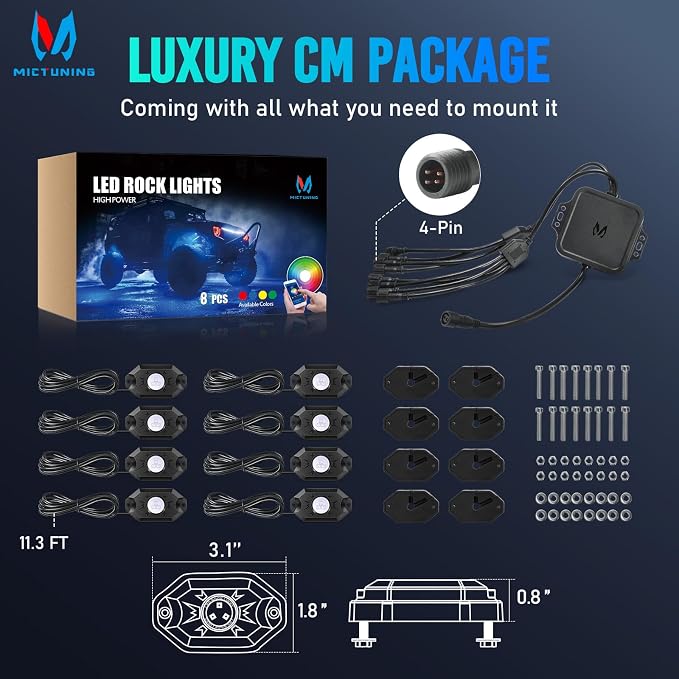 MICTUNING 2nd-Gen CM RGB Rock Lights - 8 Pods Waterproof Multicolor Neon Underglow Kit with Bluetooth App Control & Music Mode for Trucks Pickup UTV SUV ATV(2 Year Warranty)