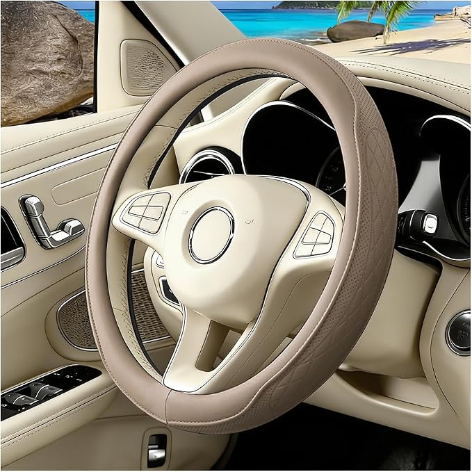 Car Steering Wheel Cover, Breathable Anti-Slip Vehicle Steering Wheel Protector with Inner Ring, Automotive Interior Protective Accessories, Universal for SUV RV Truck (Beige)