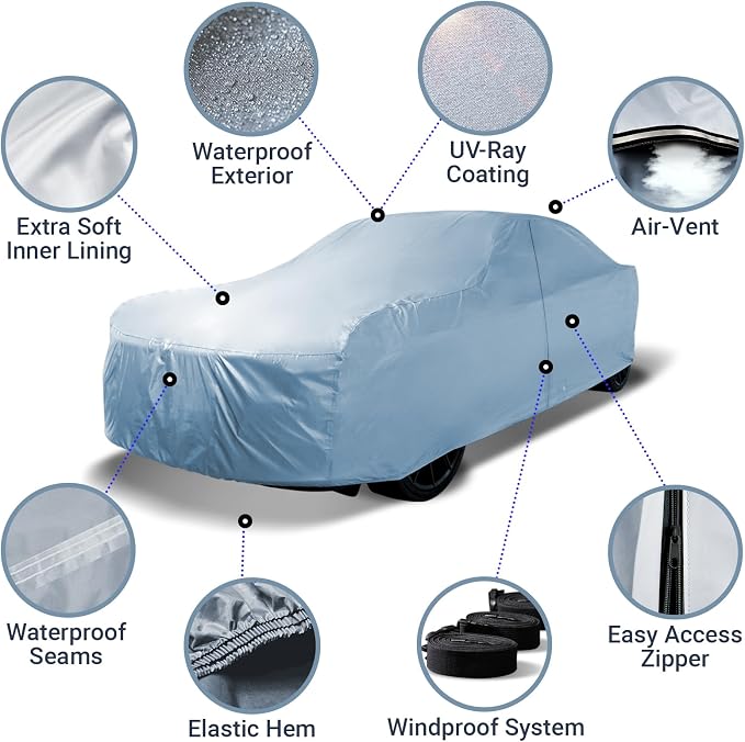 iCarCover 18-Layers Premium Universal Fit Car Cover Waterproof All Weather Sun Rain Snow UV Protection Outdoor Indoor Full Exterior Car Covers for Automobiles Sedan Hatch Coupe Fit for 194-198 inch