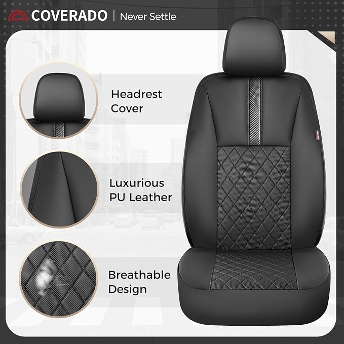 Coverado Car Seat Covers Front Pair, Automotive Leather Seat Covers for Car,Universal Fit Front Back Seat Cover, Non-Slip Waterproof Breathable Car Seat Protector