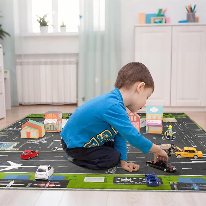 Kids Airport Runway Rug, Faux Wool Airplane Map, Non-Slip, 4 x 6 ft | Runway and airplane design; Aviation-themed play; Soft faux wool surface; Non-slip backing; Easy-care finish