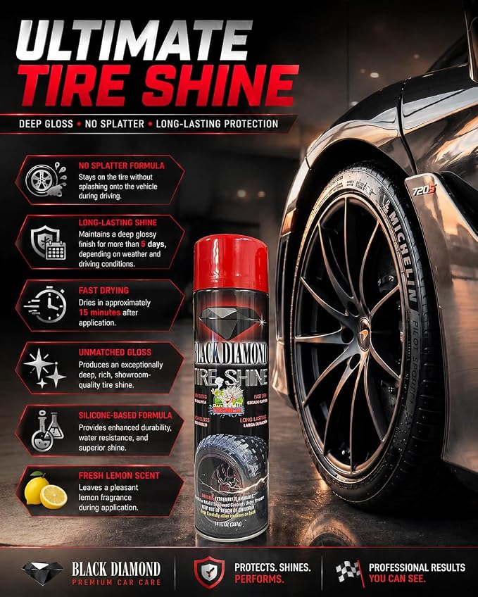 Black Diamond Tire Shine Spray 14 oz Can Pack of 12 – Extreme Wet Look High Gloss, Fast Dry No-Sling Formula and Long Lasting UV Protection for Car & Truck Tires
