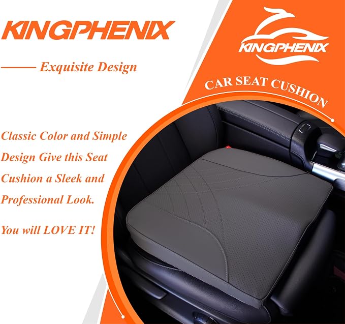 kingphenix Premium Car Seat Cushion, Memory Foam Driver Seat Cushion to Improve Driving View- Coccyx & Lower Back Pain Relief - Seat Cushion for Car, Truck, Office Chair (Leather Dark Gray)