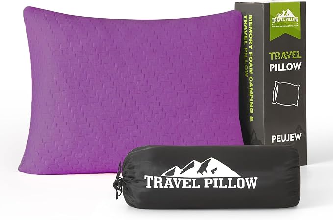 Small Shredded Memory Foam Pillow, Camping Pillow Travel Pillow - Compressible Medium Firm, Breathable Cover, Ideal Backpacking Hiking, Airplane and Car (Purple, M)