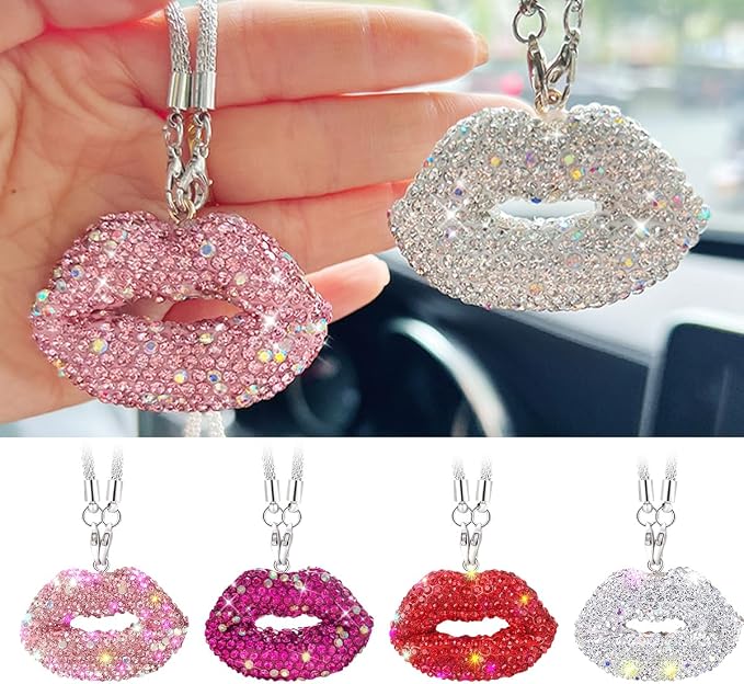 Bittwee Bling Lip Diamond Car Hanging, Crystal Rinestones Auto Rear View Mirror Charms Ornament, Lucky Vehicle Interior Pendant Decoration Accessories, Universal for SUV Sedan Truck(White)