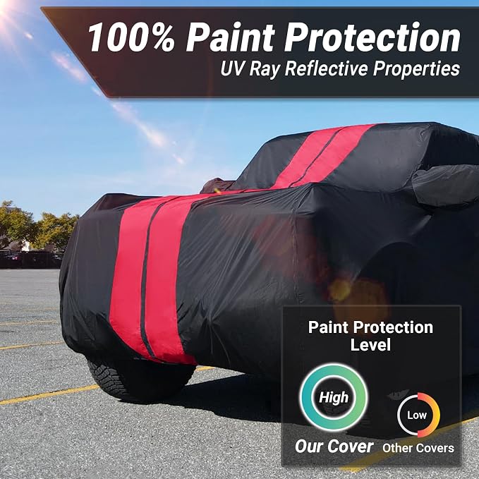 iCarCover Premium Heavy Duty SUV Car Cover - Waterproof All Weather Rain Snow UV Protection, Excursion, Navigator L, Escalade ESV, Suburban, Yukon XL, Size S58 (See Size Chart), Stripe - Black/Red