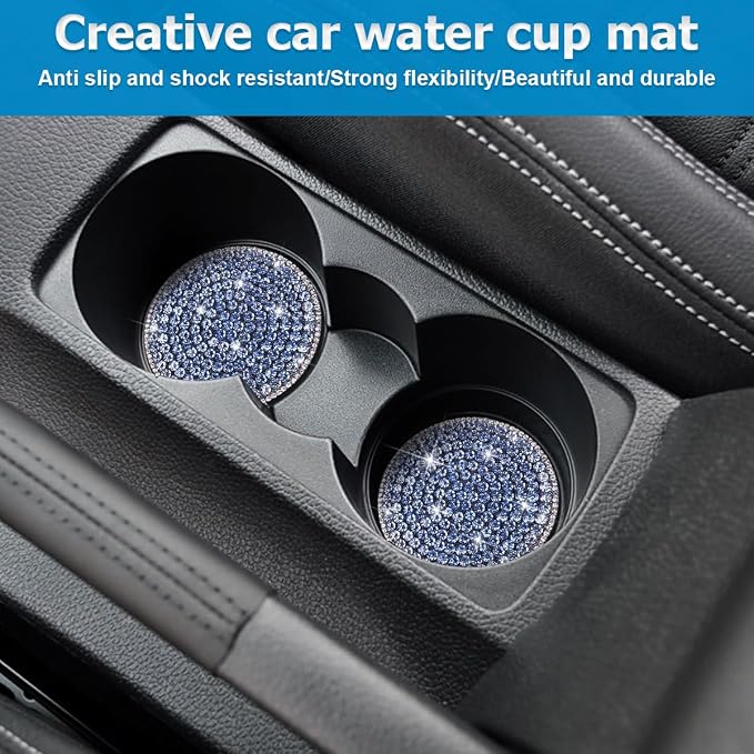 Bling Car Cup Holder Coaster, 2PCS 2.75 Inch Crystal Rhinestone Anti Slip Vehicle Drink Cup Mat for Women Girls, Auto Interior Embedded in Ornaments. Universal for SUV RV Truck (Light Blue)