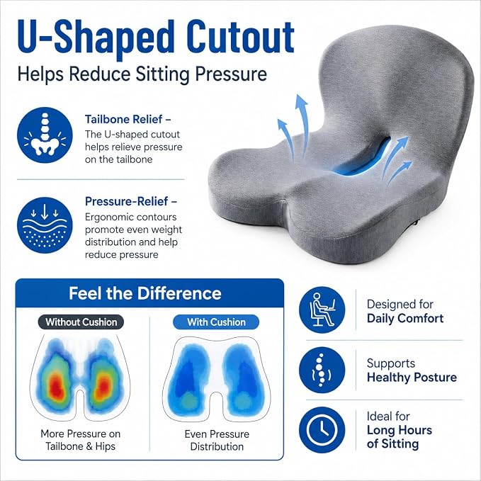 Orthopedic Memory Foam Car Seat Cushion for Sciatica & Back Pain Relief - Ergonomic Non-Slip Office Chair Cushion & Car Cushions for Long Driving with Lumbar Support, Universal Fit (Black)