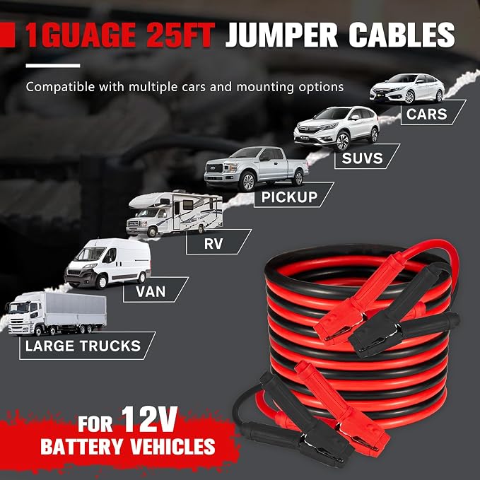 FIERYRED 1 Gauge 25 FT Quick Connect Jumper Cables, 1000A Heavy Duty Booster Cables with Travel Bag,Battery Jumper Cable for Truck, Diesel Trucks, SUV and Car