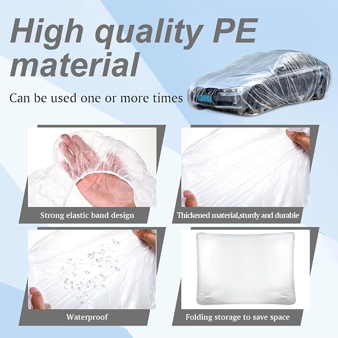 BBTO 2 Pack Universal Plastic Car Cover with Elastic Band Disposable Clear Car Covers Bulk 12.5 x 21.6 ft Waterproof Dustproof Full Exterior Protector for Sedan Outdoor Snow Rain Weather