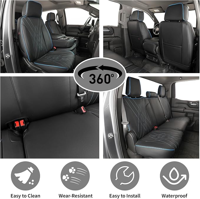 EKR Silverado Seat Covers Custom Fit for (Crew Cab) 2019-2026 Chevrolet Silverado 1500/1500 Limited/HD 2500/3500, Rear Row W/No Armrest,Faux Leather (Black with Blue Trim)
