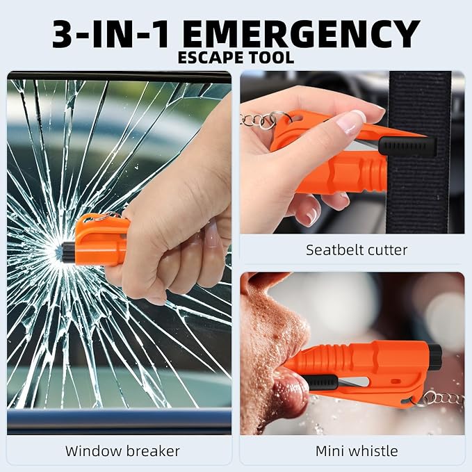 24 Pcs Car Window Breaker Key Chains, 3 in 1 Glass Breaker Seat Belt Cutter Survival Whistle, Portable Safety Emergency Escape Tools, Multifunctional Car Accessories for All Vehicles