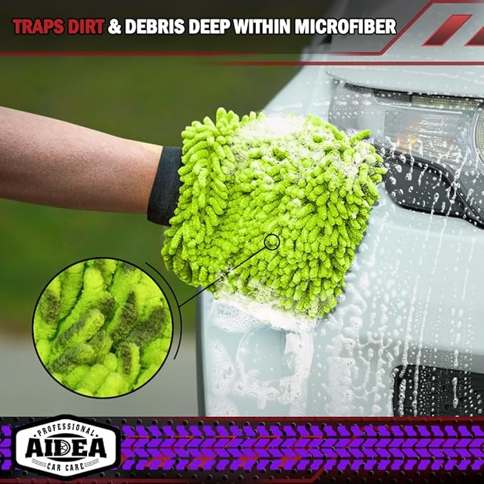 AIDEA Car Wash Mitt Microfiber, 2PK, Car Wash Brush, 8''X12'' | Scratch Free Lint-Free, Premium Chenille Microfiber Mitt, Extra Large Size, Green & Blue