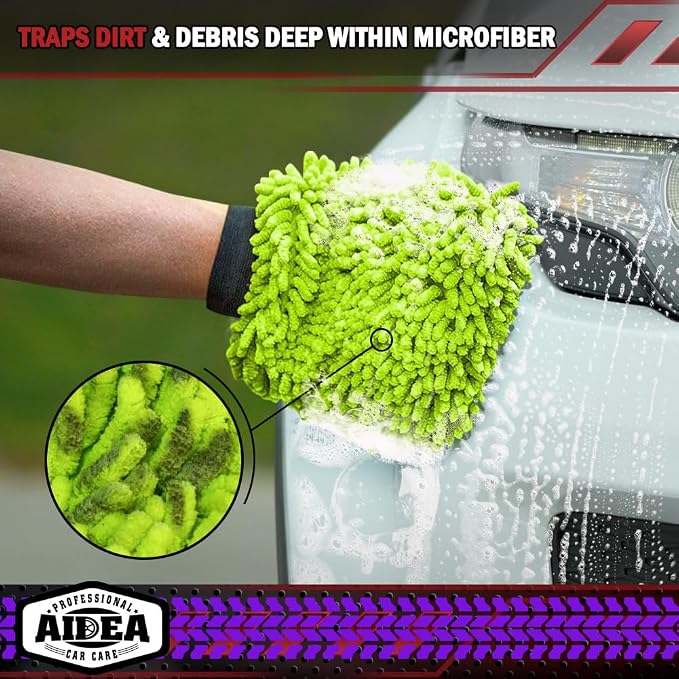 AIDEA Car Wash Mitt Microfiber, 2PK, Car Wash Brush, Green, 8''X12'' | Scratch Free Lint Free, Premium Chenille Microfiber Wash Mitt, Cleaning Supplies, Extra Large Size