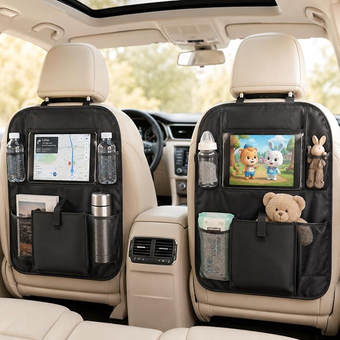 Car Backseat Organizer with 12 Storage Pockets, 12" Touch Screen Tablet Holder, Waterproof Kick Mats Seat Protector, Car Organizers and Storage for Kids, Road Trip Essentials(2 Pack,Black)