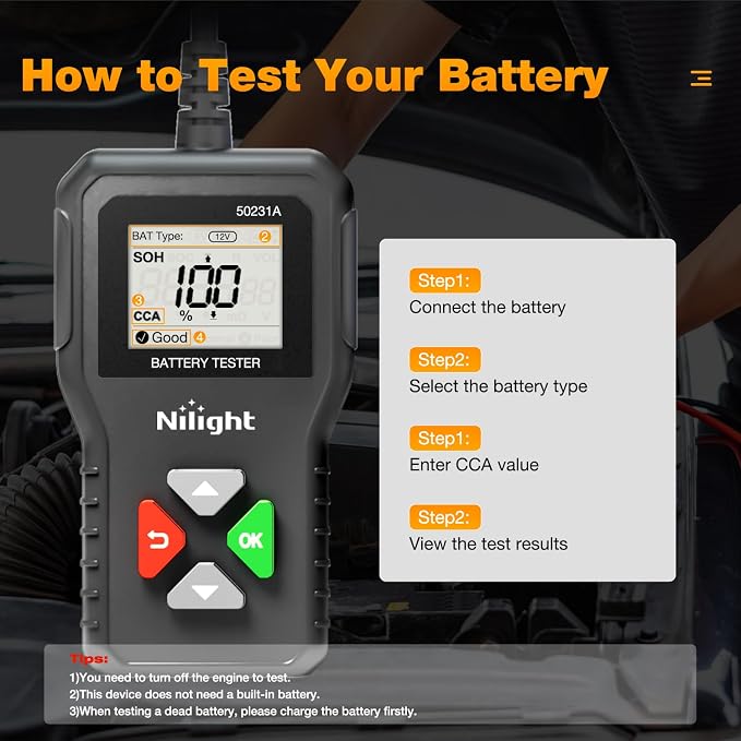 Nilight Car Battery Tester 6V 12V 24V Accurate Digital Auto Analyzer 100-2000 CCA Voltage SOH SOC Internal Resistance Test for Cars Trucks SUV ATV Boats Motorcycles Vehicle