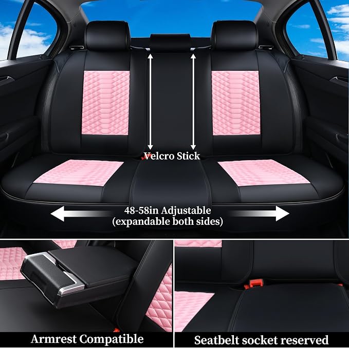 Coverado Car Seat Covers Full Set, 5 Seats Universal Seat Covers for Cars, Breathable Fabric& Faux Leather Auto Seat Cushions, Front and Rear Seat Protectors Fit for Most Sedans SUV Truck, Pink