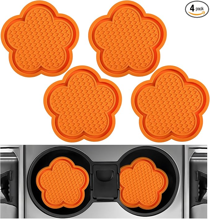 DXNQ 4 PCS Car Cup Coasters, Cute Flower Shaped Car Cup Holder Mat, PVC Waterproof Anti Slip Vehicle Cup Holder Insert Coaster, Universal Car Interior Decor Accessories (Orange)