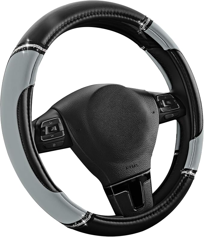 Road Comforts Leather Steering Wheel Cover - Made with PVC Leather - Anti-Slip, Universal Fit 14 1/2 inches to 15 inches - Gray