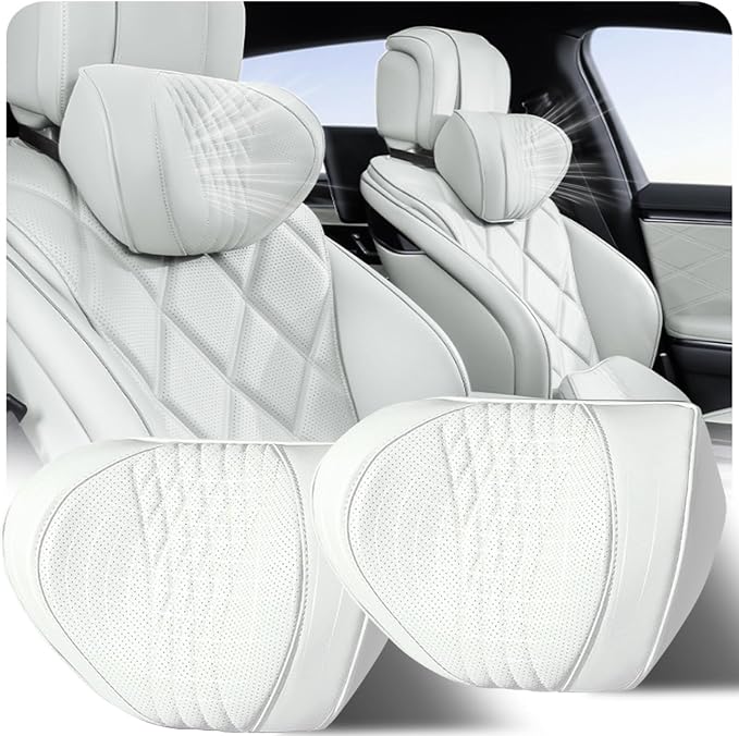 Car Neck Pillow 2-Pack - Premium Memory Foam Headrest with Soft Nappa Leather Feel, Ergonomic Support for Long Drives, Fits Most Vehicles (2, Grey)