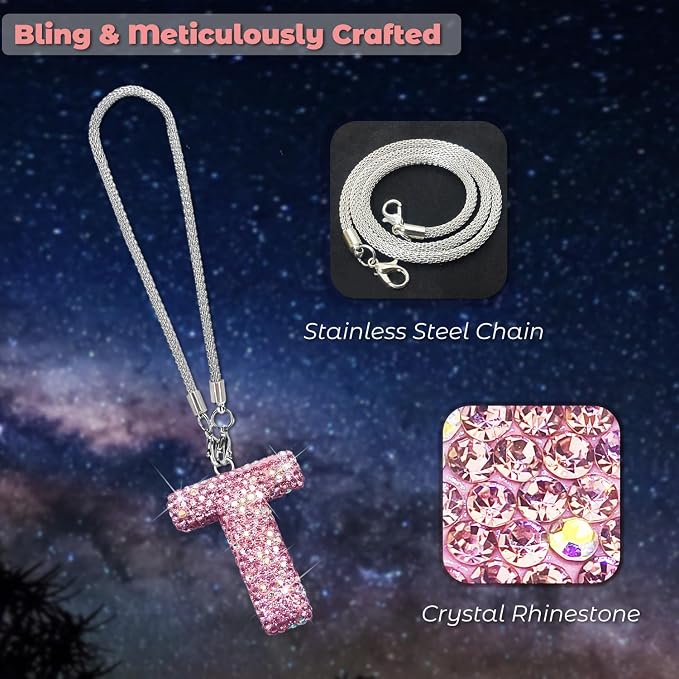 Bling Pink Car Accessories for Women Letter Charm, Rainbow Color Rear View Mirror Cute Crystal Pendant Car Decorations, Lucky Gifts Girly Diamond Rhinestone Charm Letter T