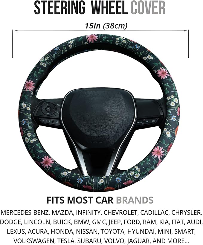 Wild Flowers Steering Wheel Cover Auto Steering Wheel Protector, Anti-Slip, Breathable, Absorbing Sweat, Universal Floral Car Accessories 14.5–15 inch,Fit for Most Car, Trucks, SUV