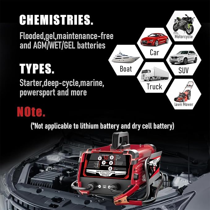 12V 24V Car Battery Charger & Engine Starter, Up to 50A Automatic Battery Maintainer 250A Cranking Amps