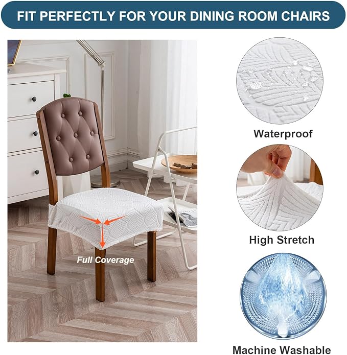 Removable and Washable Seat Covers for Dining Room Chairs Set of 6 - Waterproof Stretch Chair Seat Slipcovers, No Back Covers